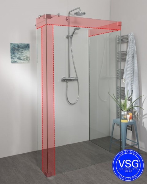 Begehbare Dusche: VSG Duschwand freistehend mit Seitenwand und Eckteil, Maßanfertigung