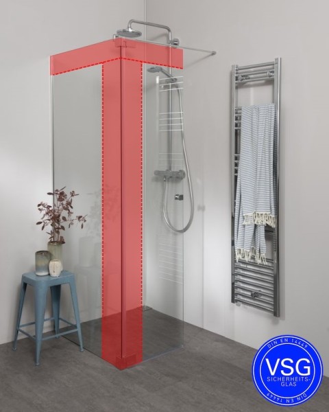 Begehbare VSG Dusche: Duschwand mit Wandprofil & Klappteil über Eck nach Maß
