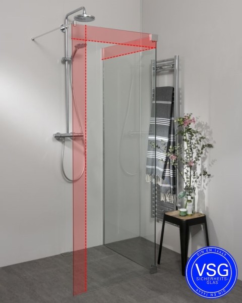 Begehbare VSG Dusche: Walk In Duschwand mit Klemm Wandanschlussprofil, Maßanfertigung